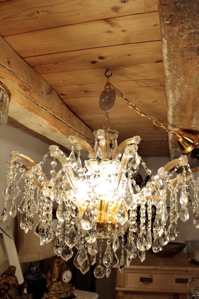 Kronleuchter Bleikristall Maria Theresia Gold, 57cm + Kette, 6 Lichter