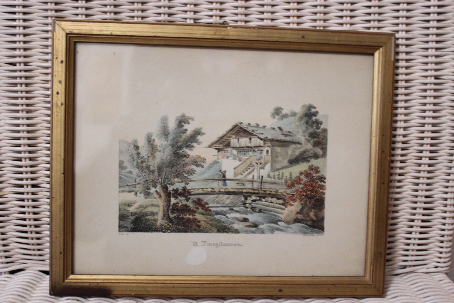 Berghütte Zweisimmen / Farbstich in Goldrahmen