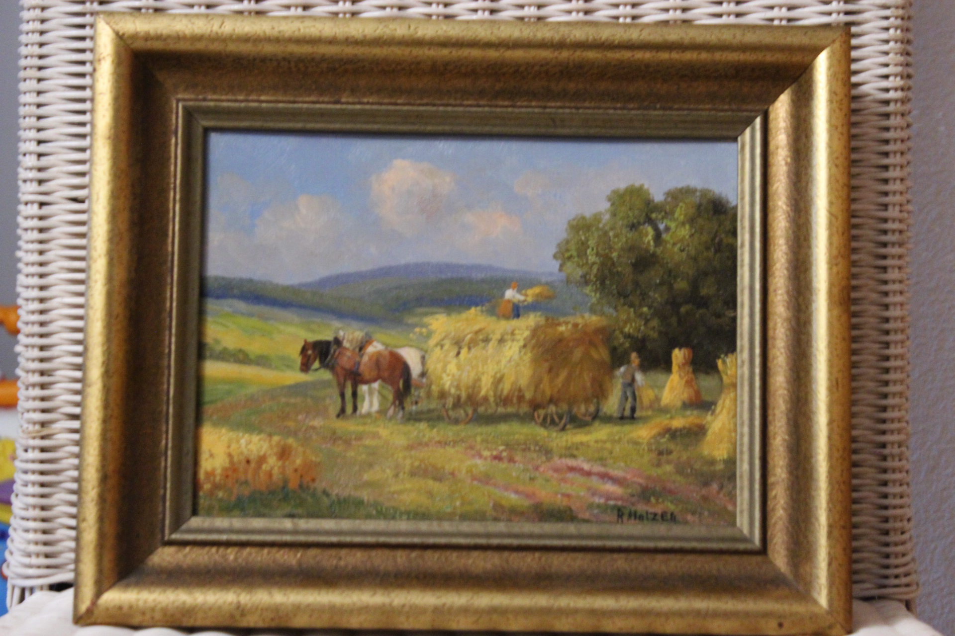 Pferde mit Heuwagen / Oel auf Leinwand R. Holzer